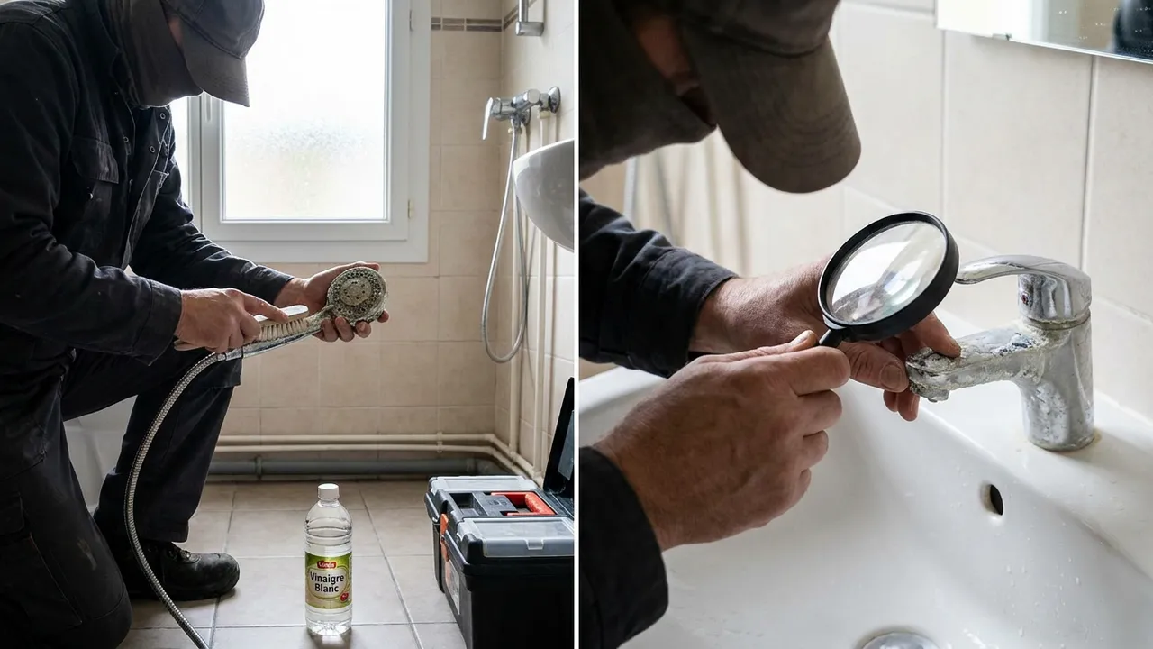 Résistance de chauffe-eau entartrée démontée lors d’un entretien dans une maison de Poissy